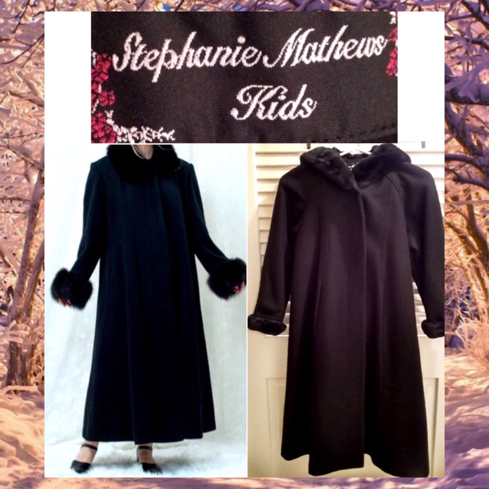 Girls Full Length Faux Fur Trim Swing Wool Peacoat